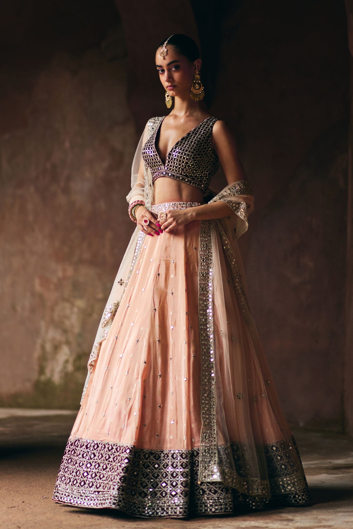 Peach and Maroon Lehenga Set