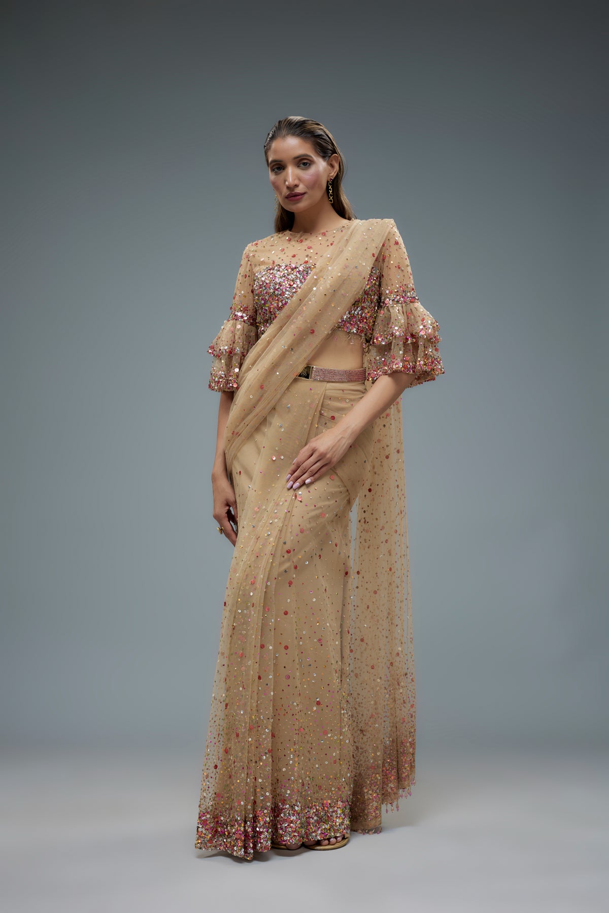 Multi Coloured Embroidered Saree Set