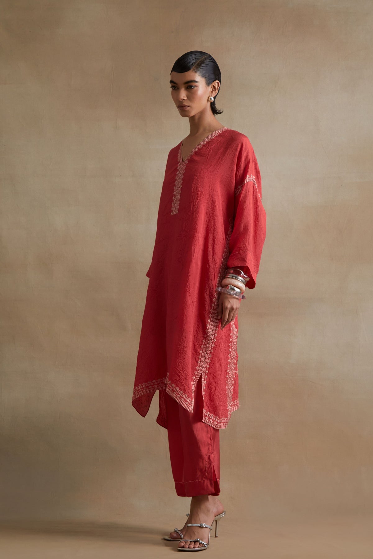 Tomato Thread Embroidered Kaftan Set