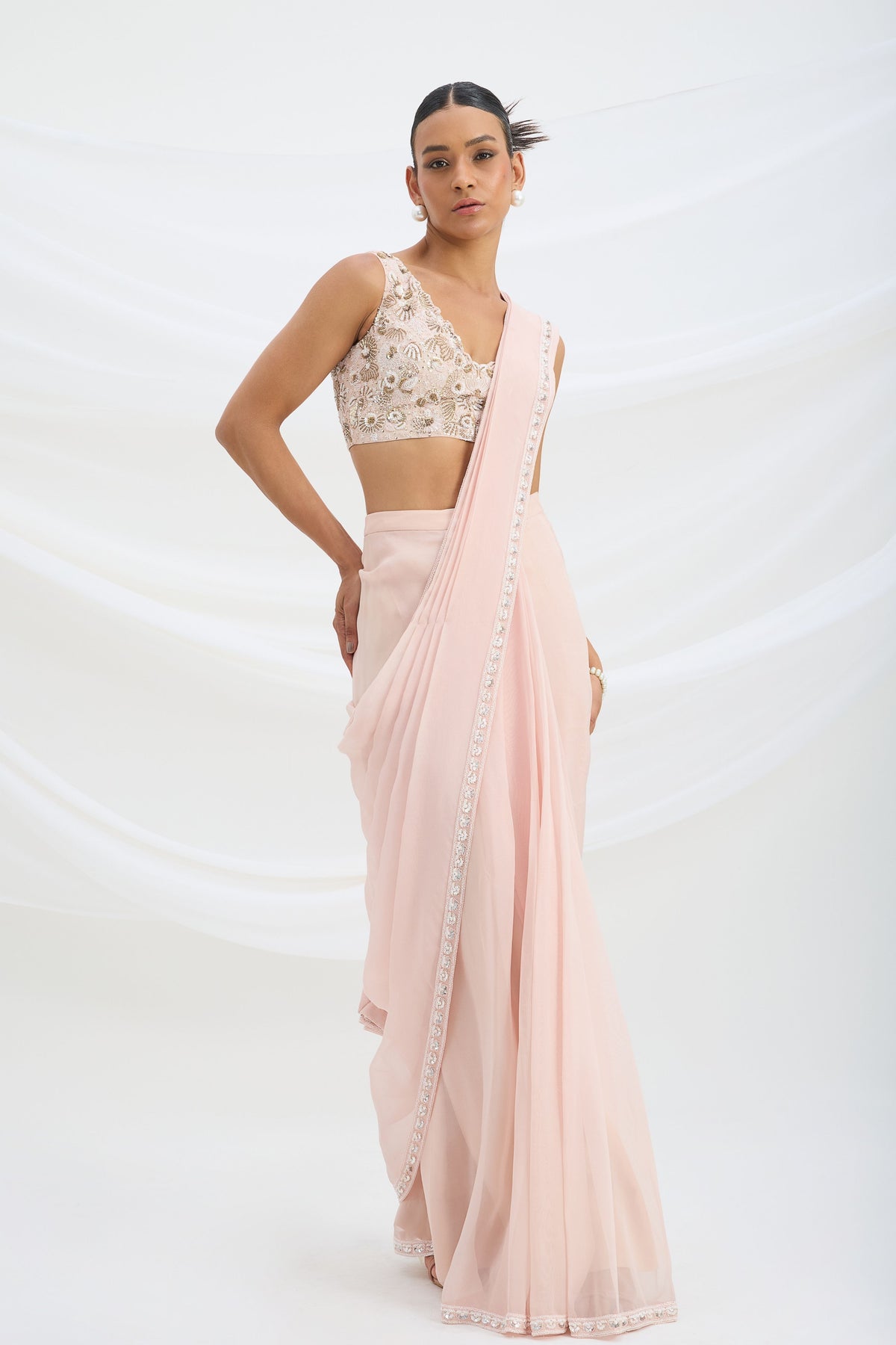 Light Pink Drape Saree Set