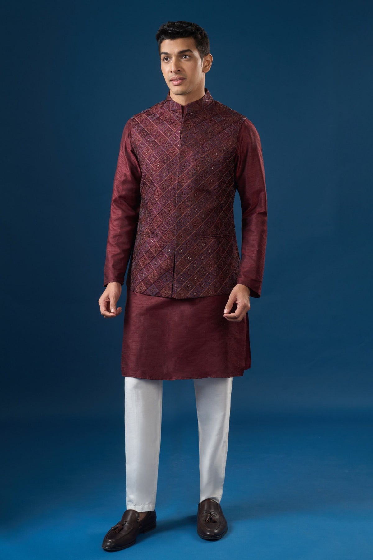 Maroon Embroidered Kurta-bundi Set