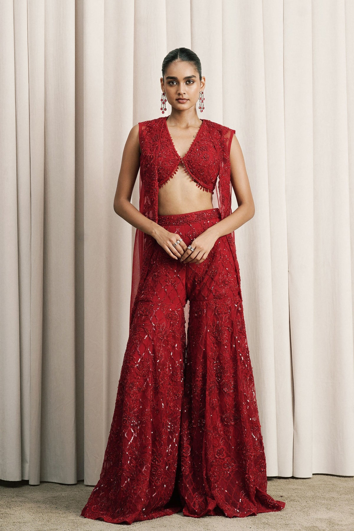 Red Tasseled Net Jacket Set