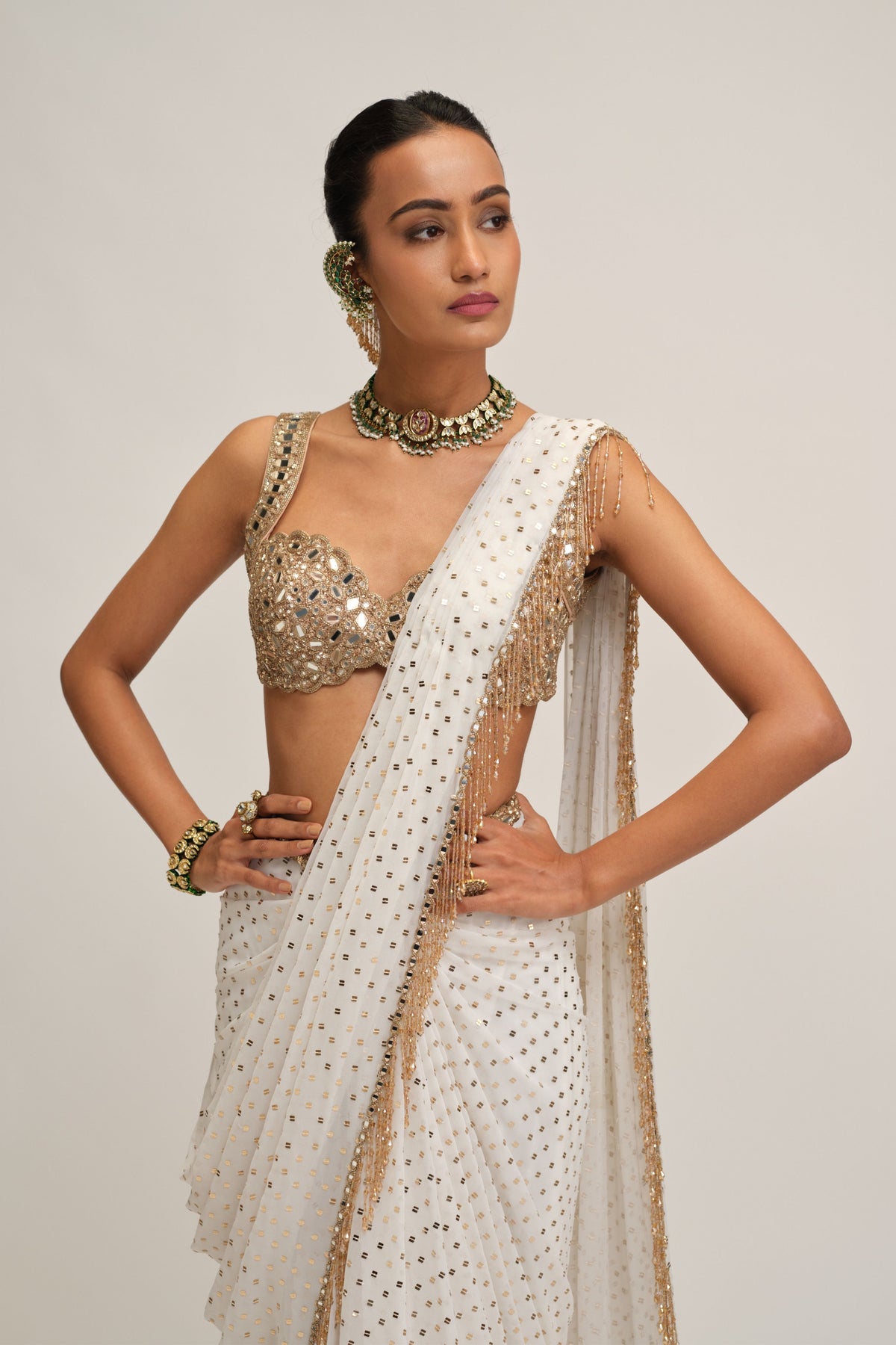Off White Embroidered Saree Set