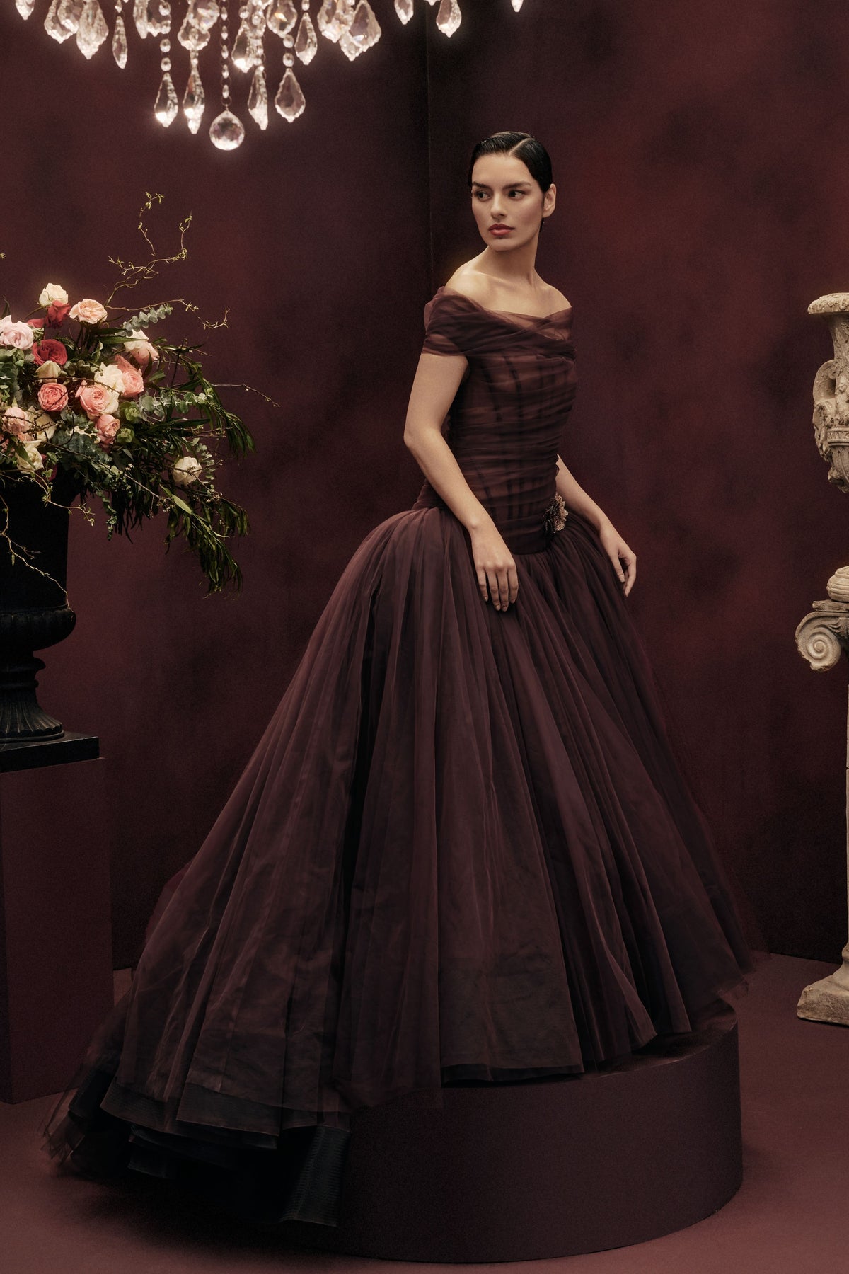 Off Shoulder Draped Tulle Gown