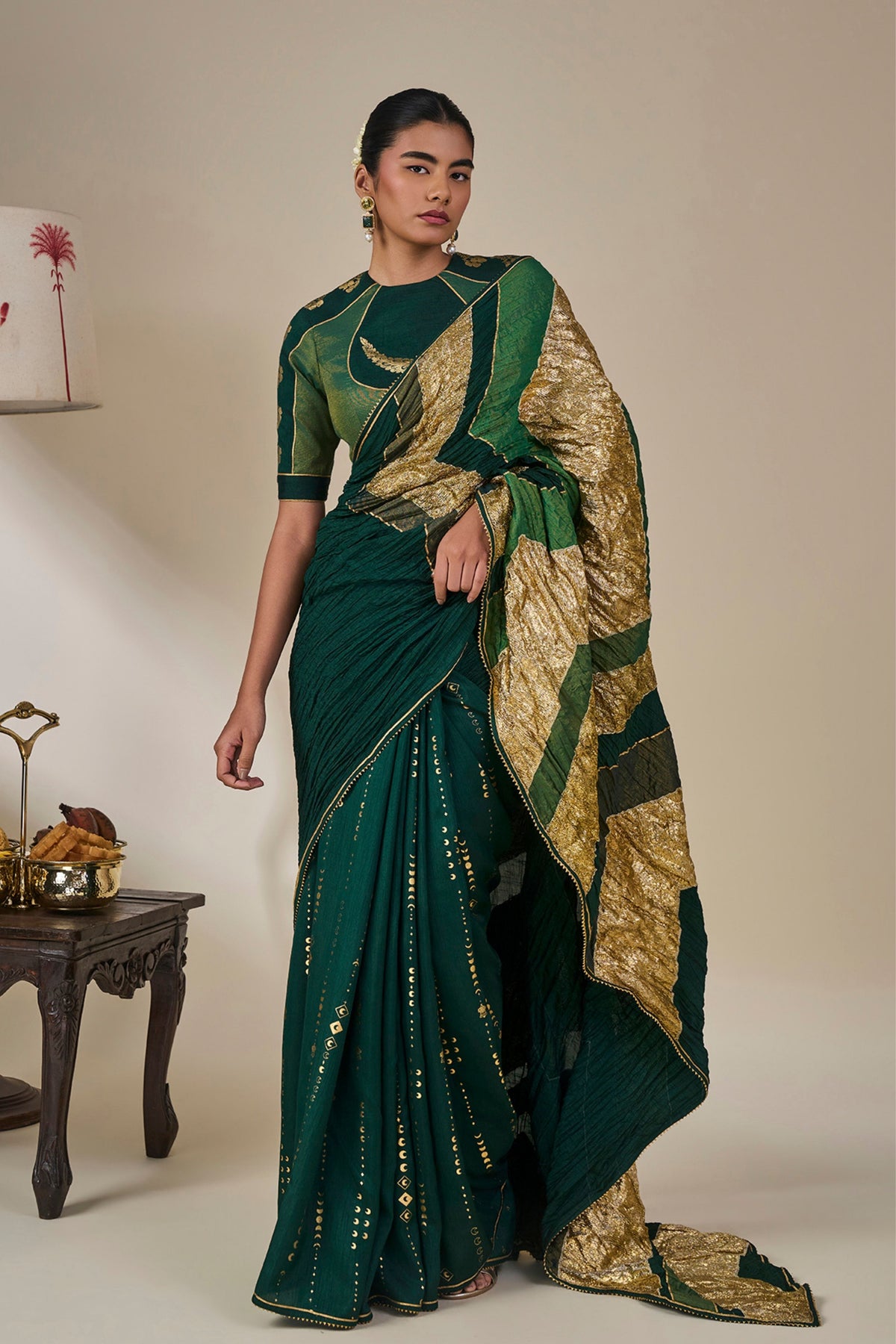 Bottle Green Celestial Moonfall Crush Saree