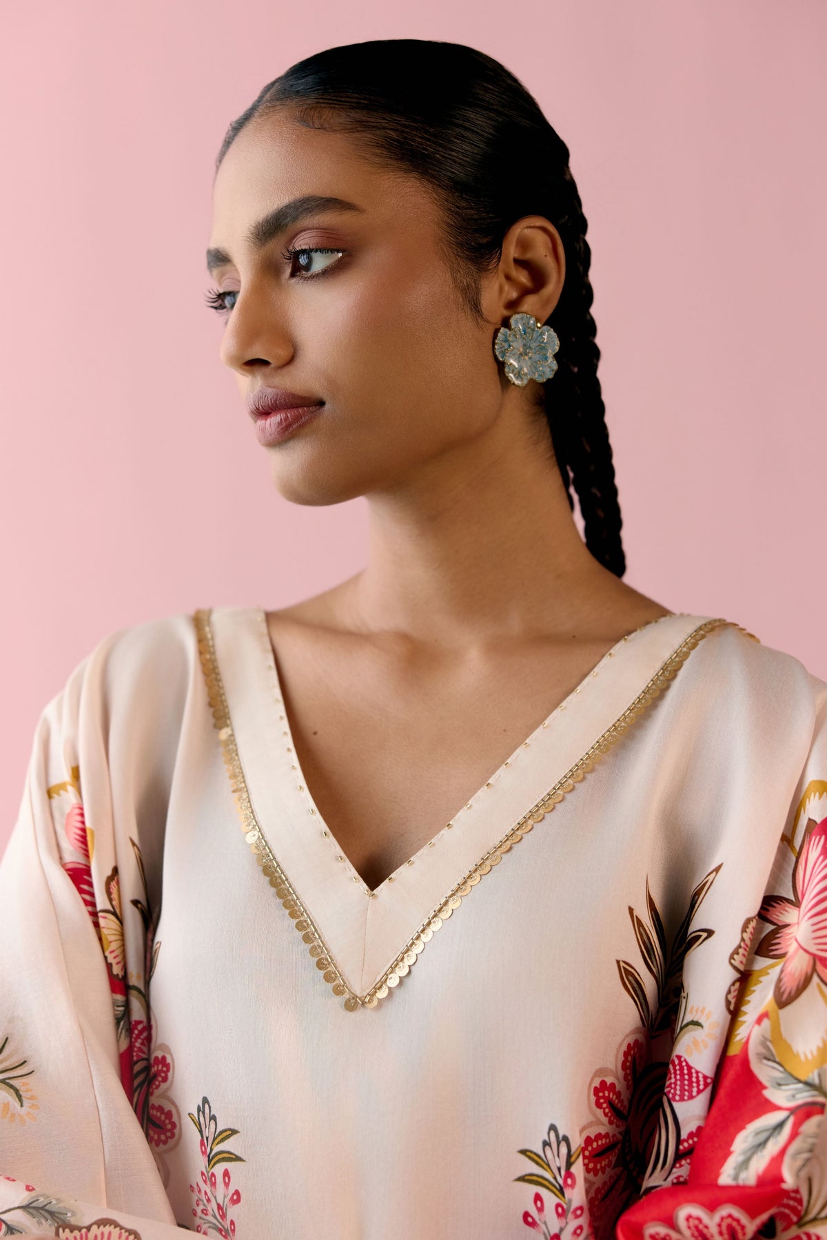 Ecru Red Floral Short Kaftan Set
