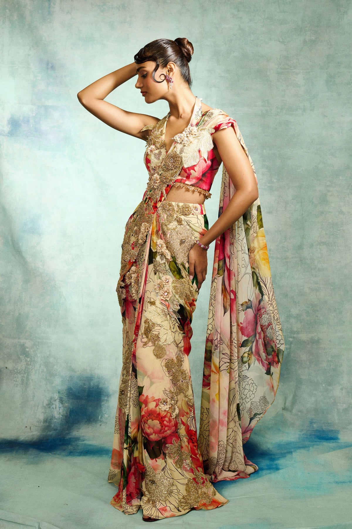 Multicolored Pre Draped Saree Set
