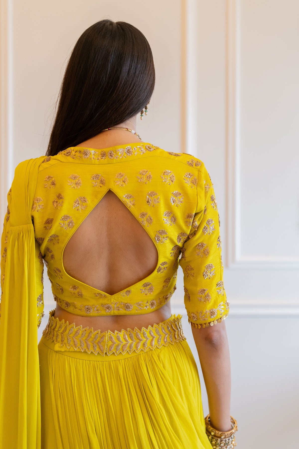 Lime Yellow Antique Embroidered Saree Set