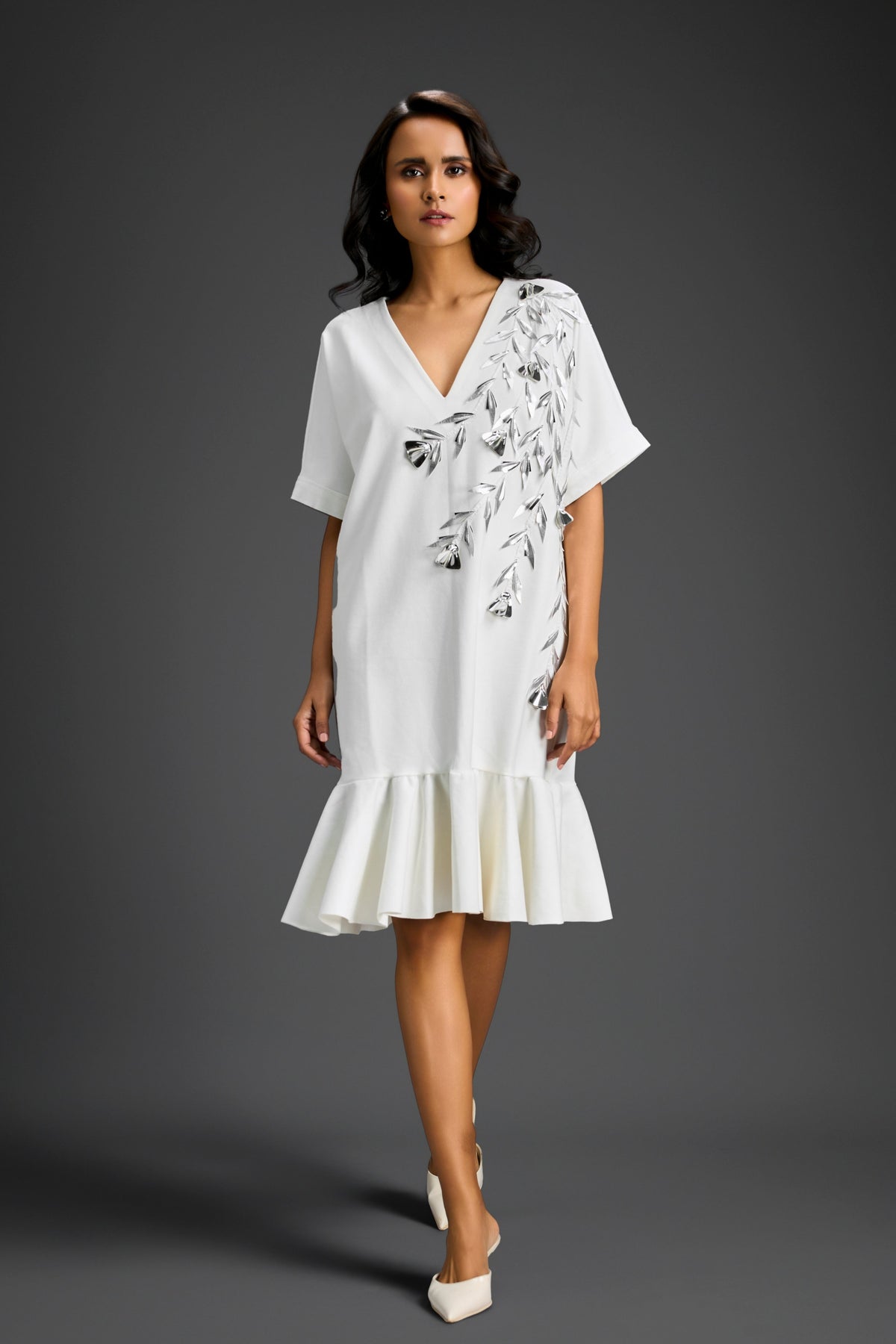 White V-neck Embroidery Dress