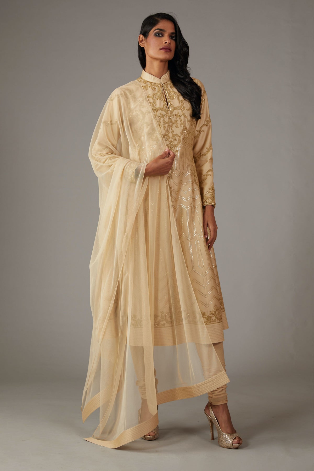 Beige Chanderi Anarkali Set