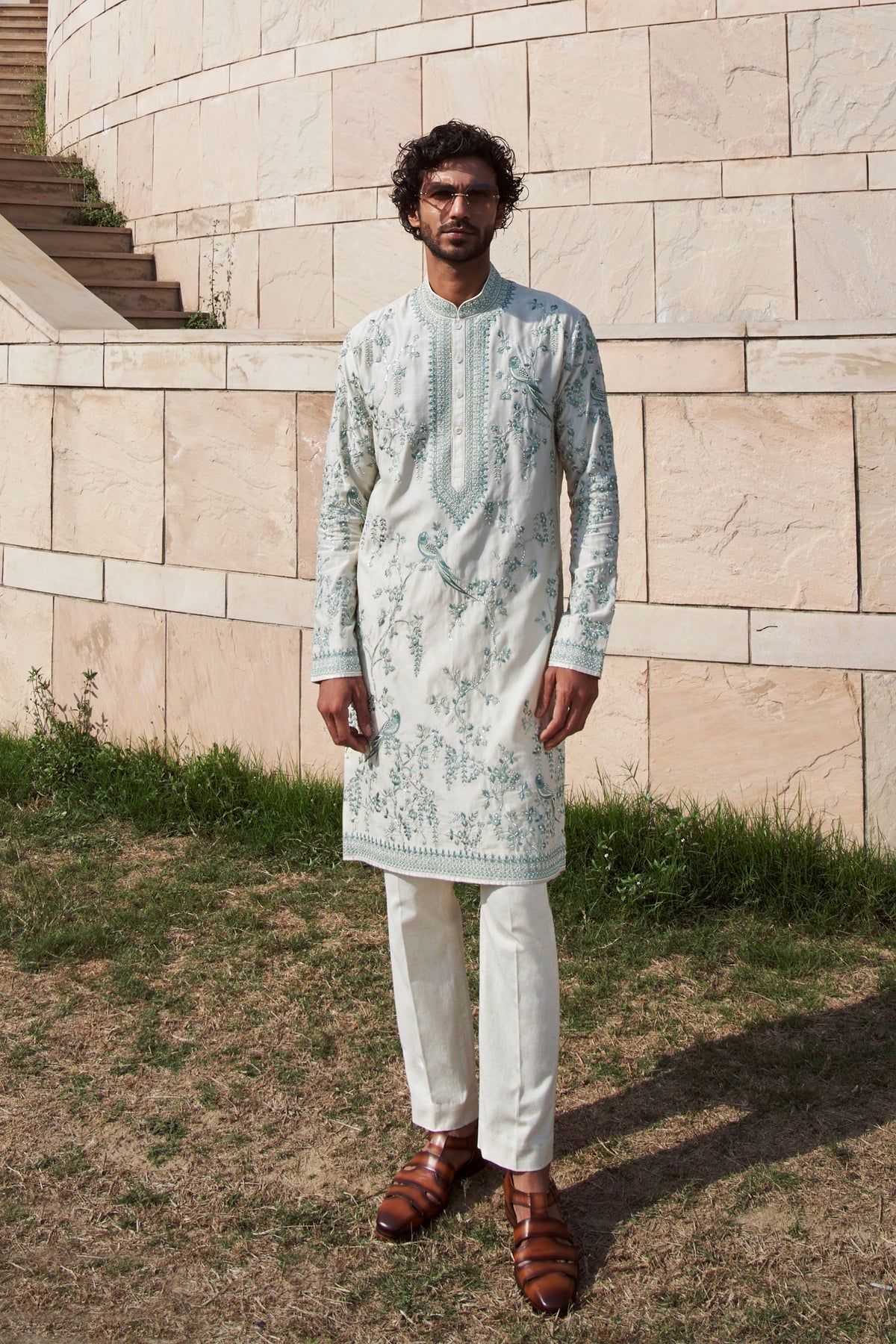 Ivory Parrot With Creeper Kurta