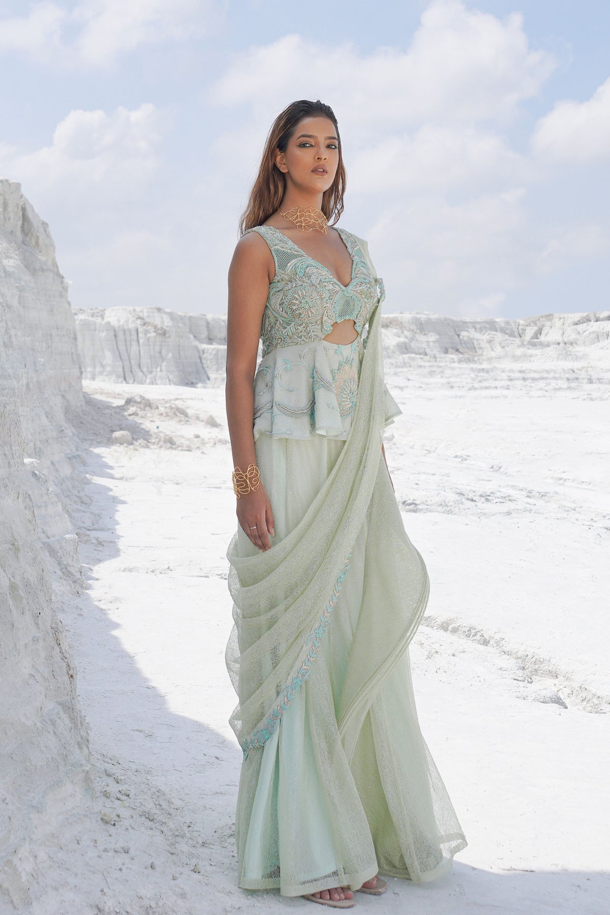 Pastel Green Draped Saree Set