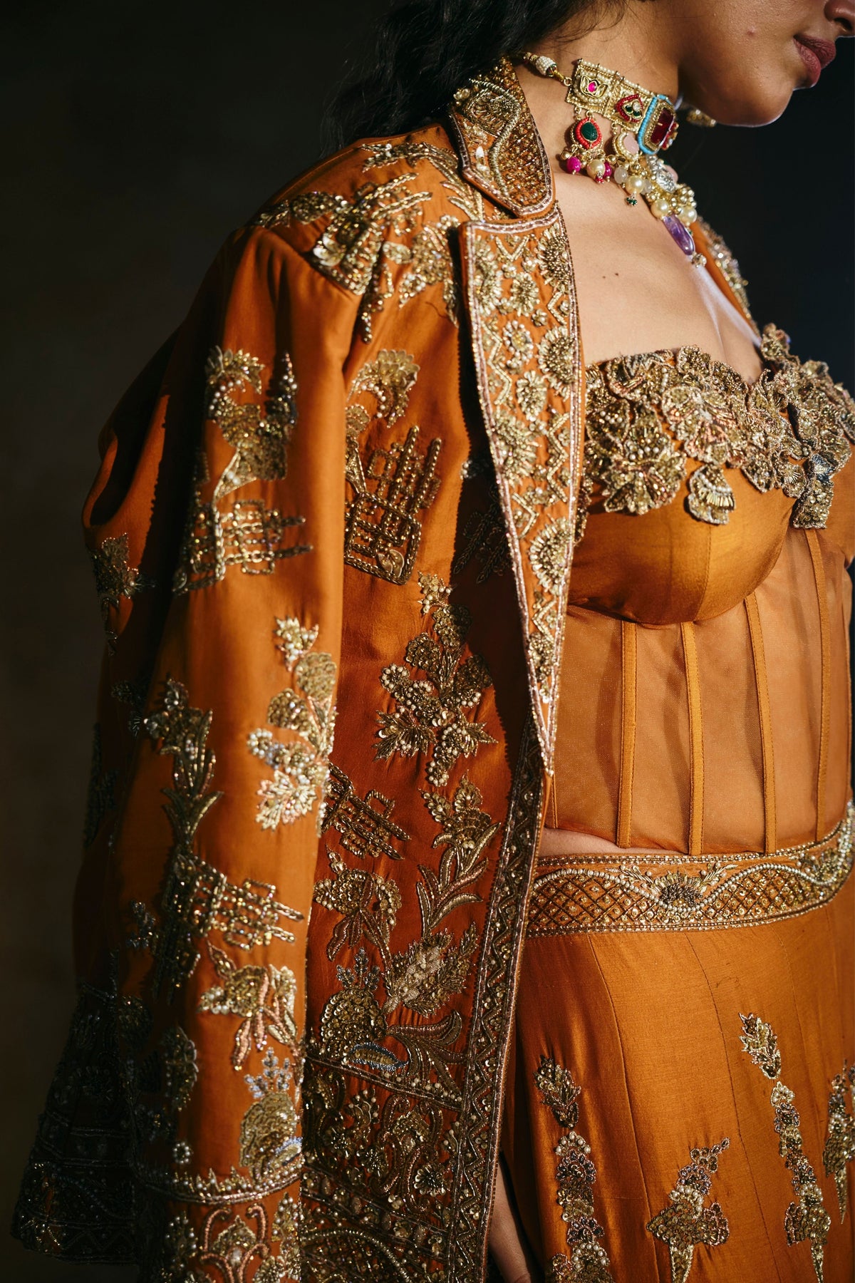 Orange Zardozi Sindh Jacket Set
