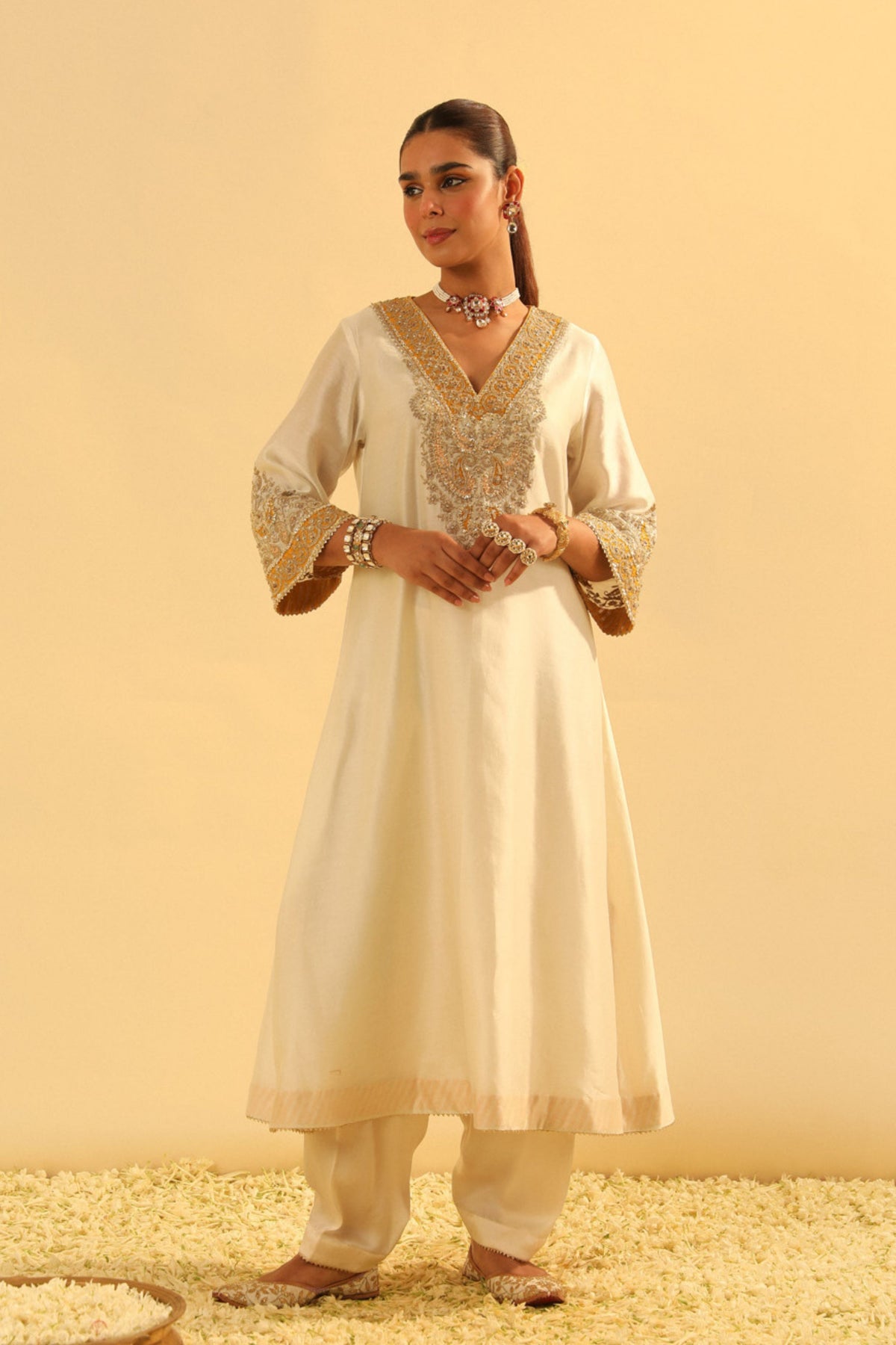 Shazana Ivory Long A-line Choga With Salwar