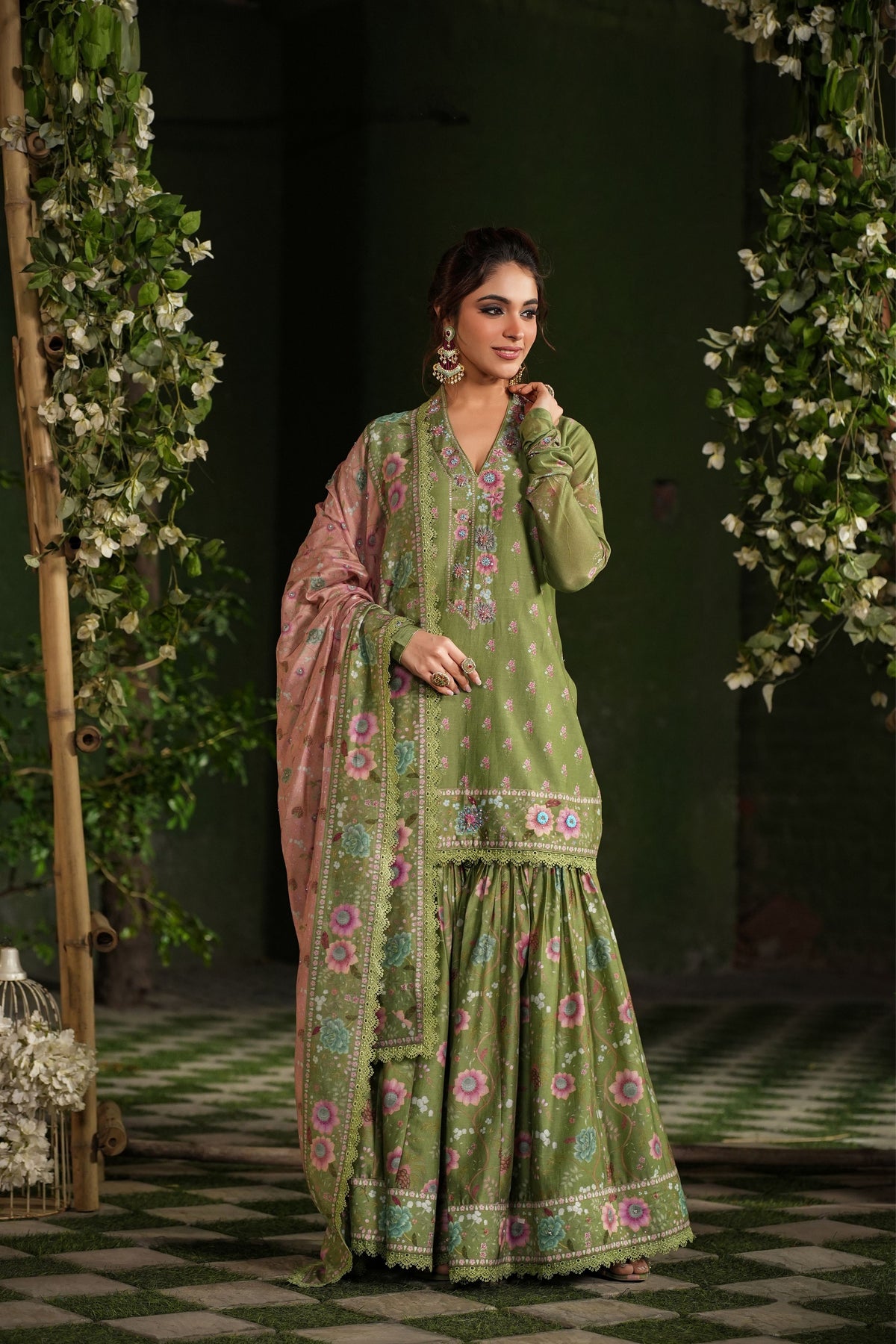 Mughal Sharara Set in Dark Green