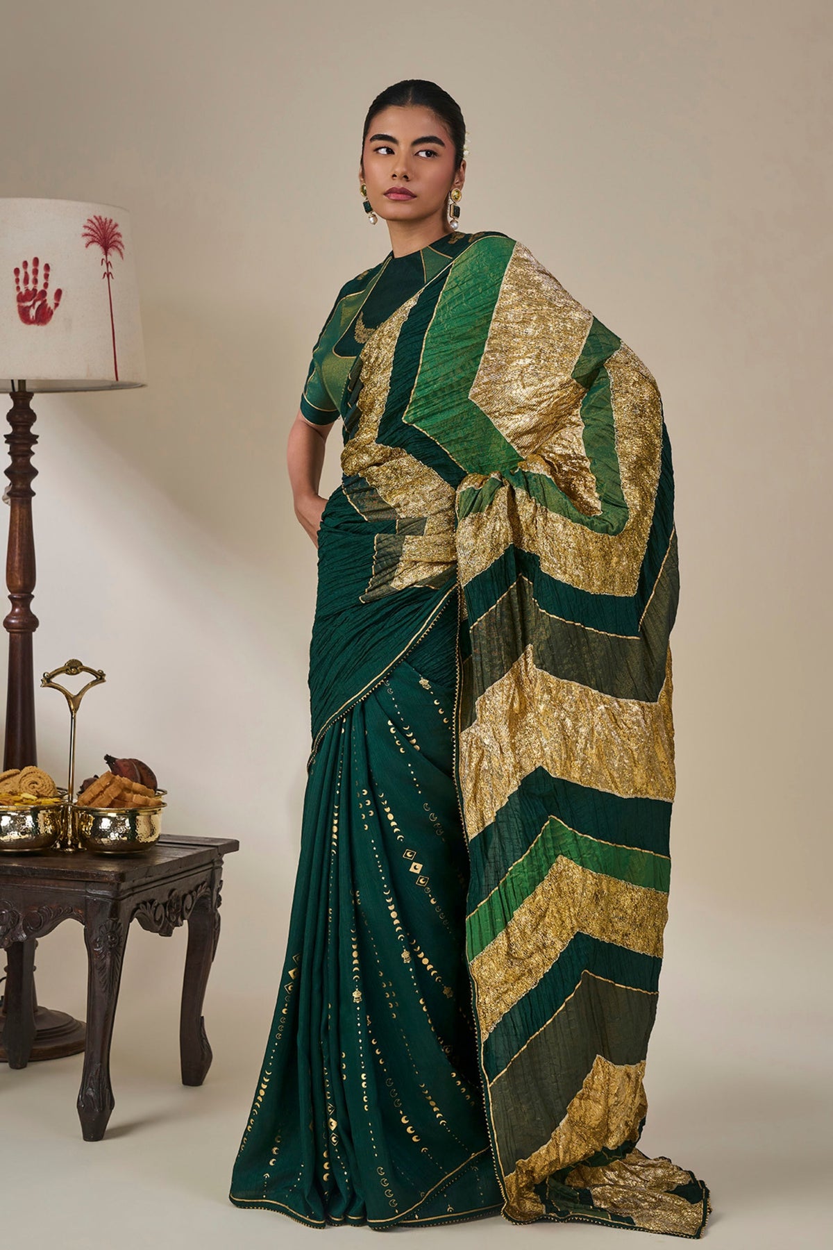 Bottle Green Celestial Moonfall Crush Saree