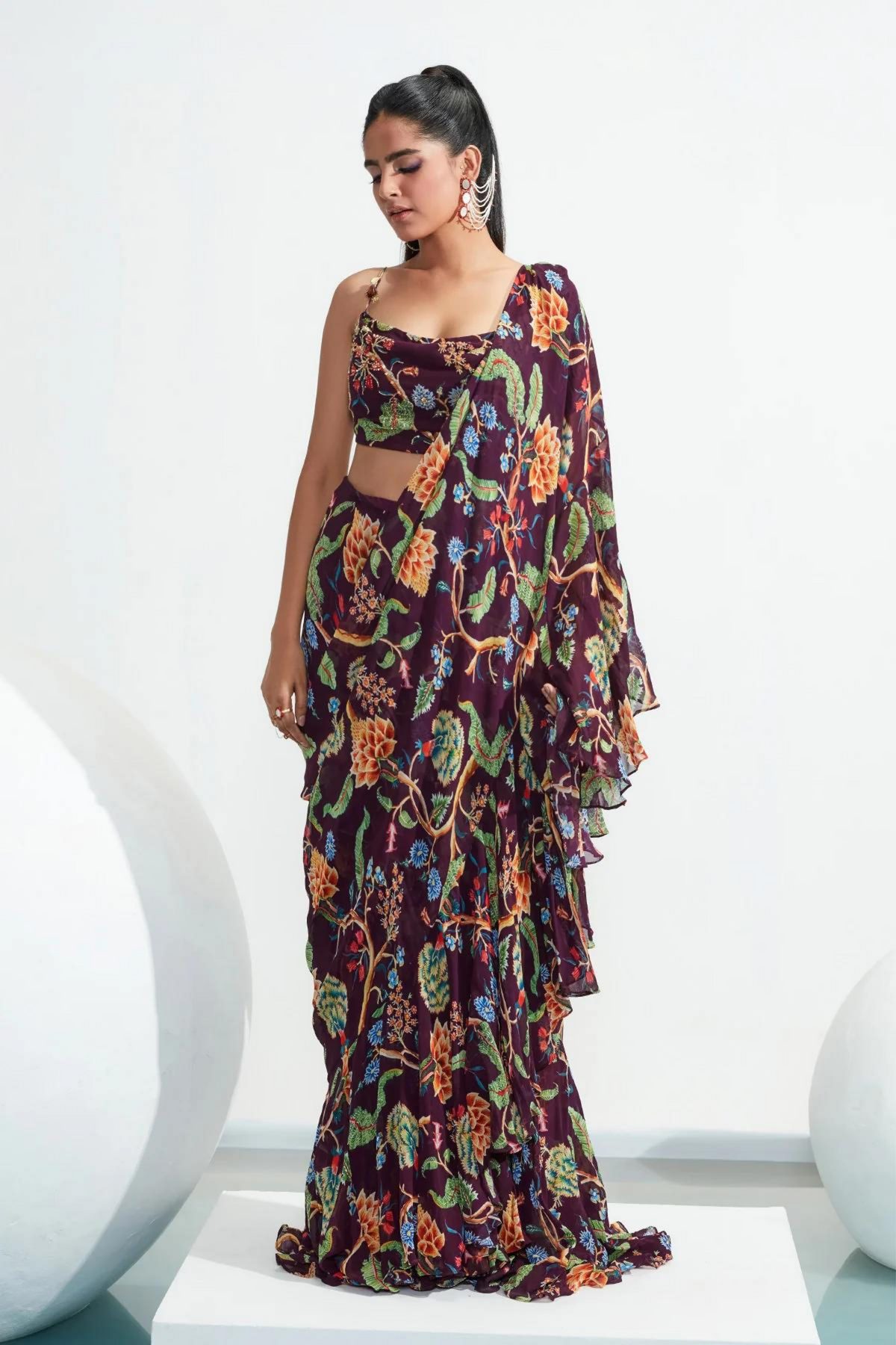 Habiba Purple Embroidered Ruffle Draped Saree