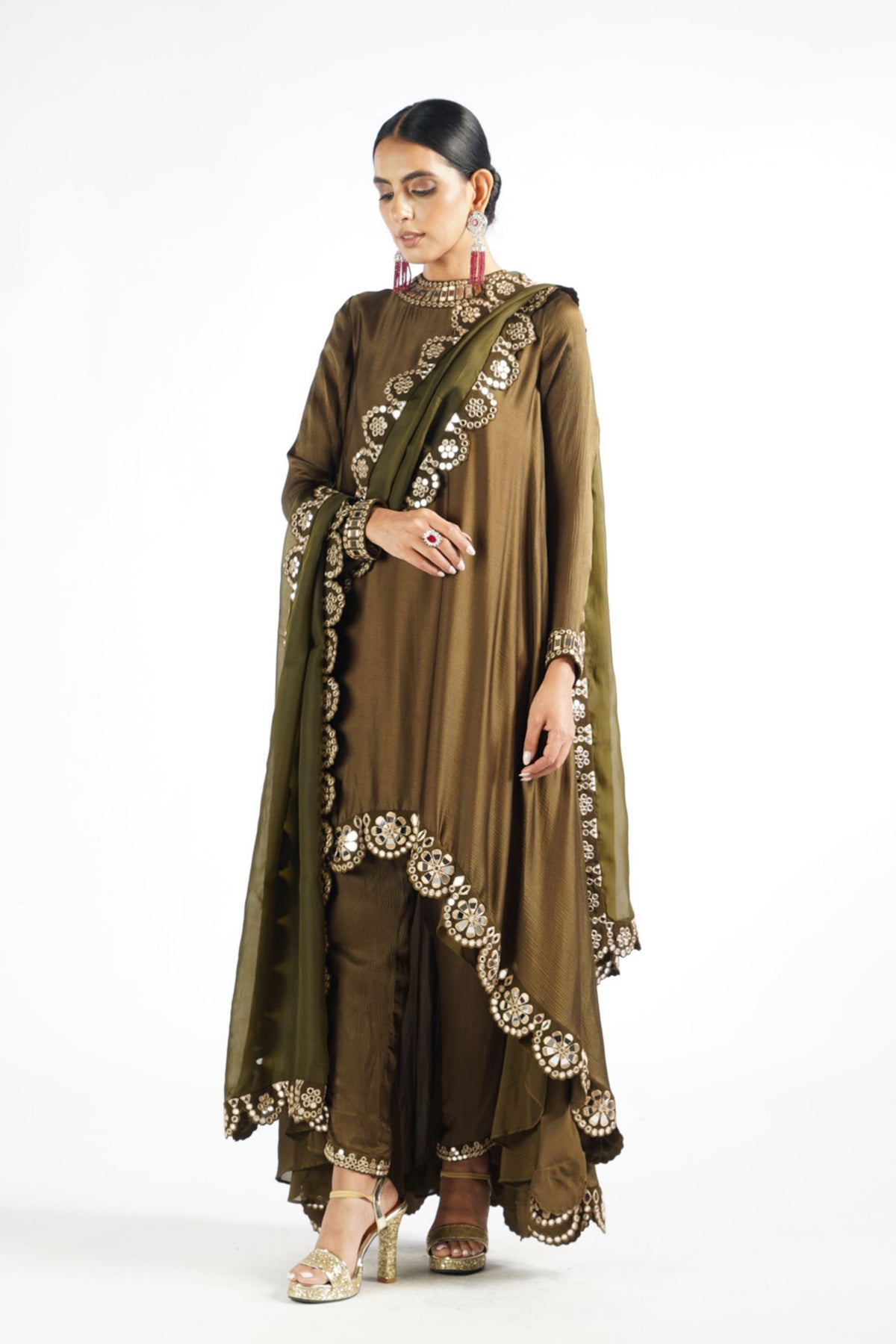 Olive Green Mirror Scallop Kurta Set