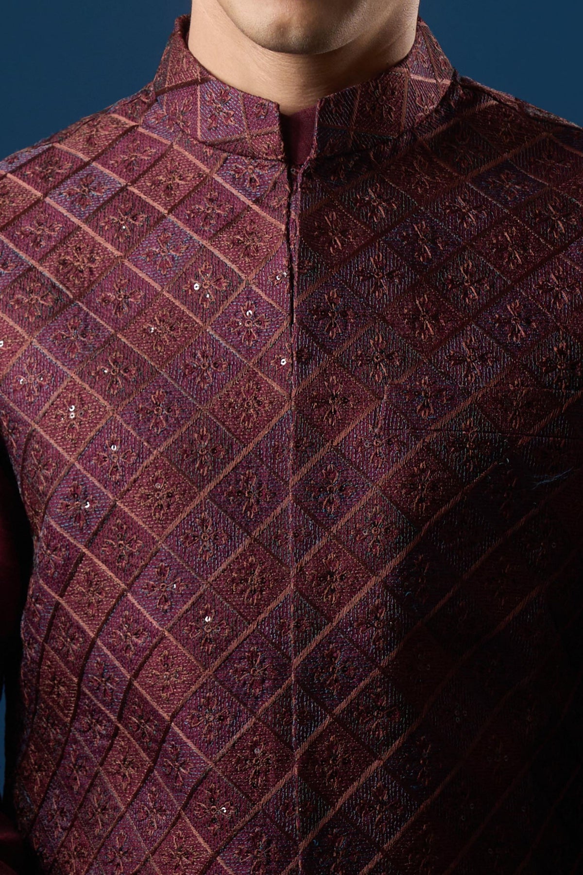 Maroon Embroidered Kurta-bundi Set