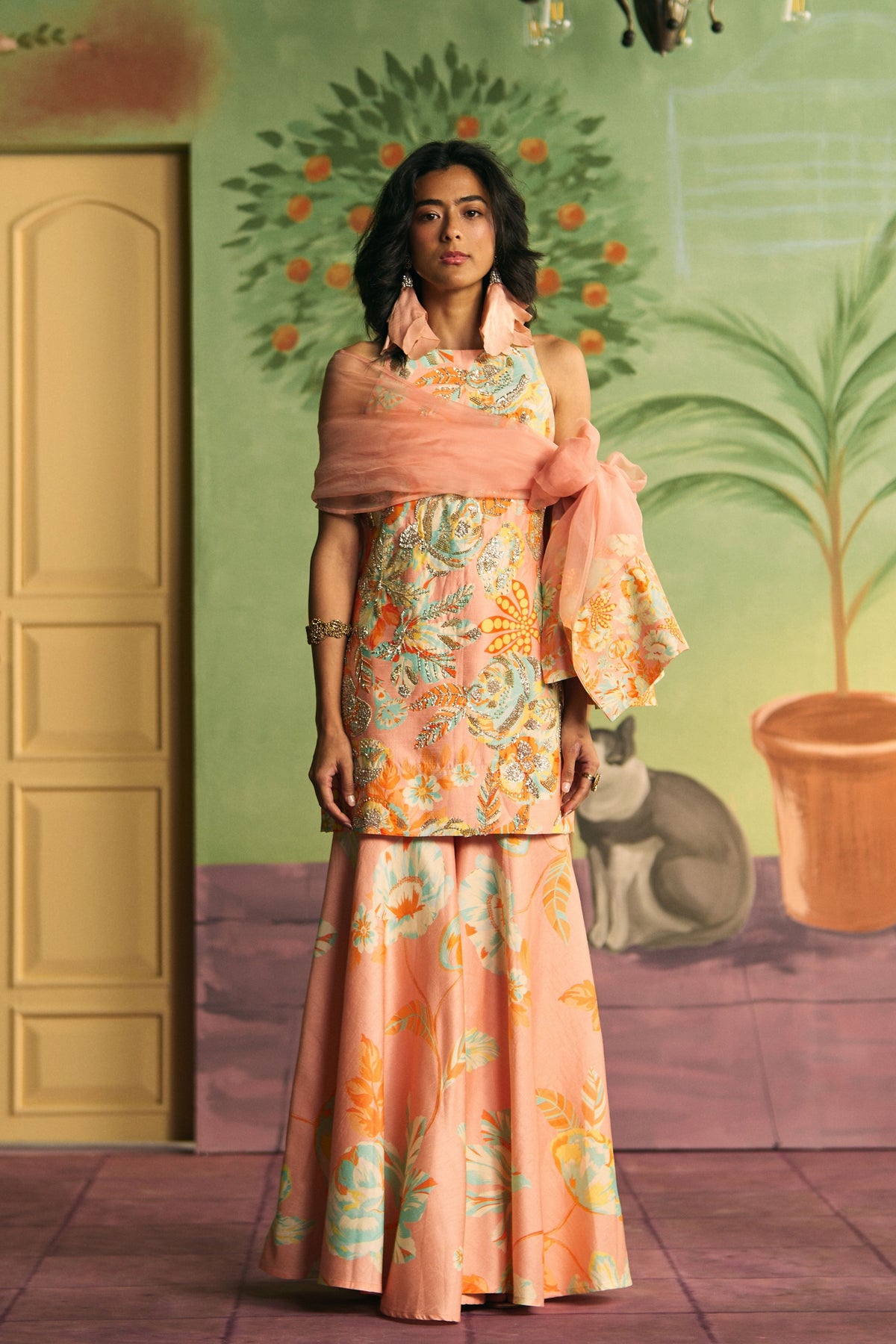 Peach Apricot Garden Sharara Set