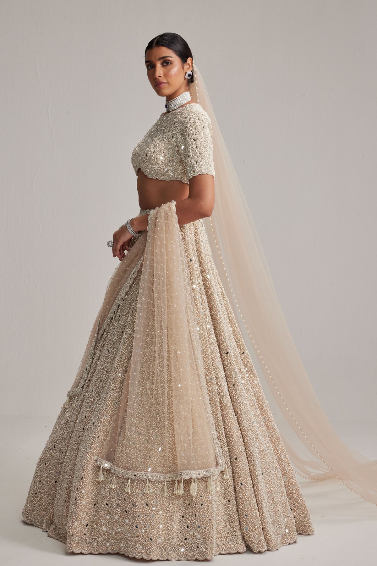Light Beige OAS Lehenga Set With Veil