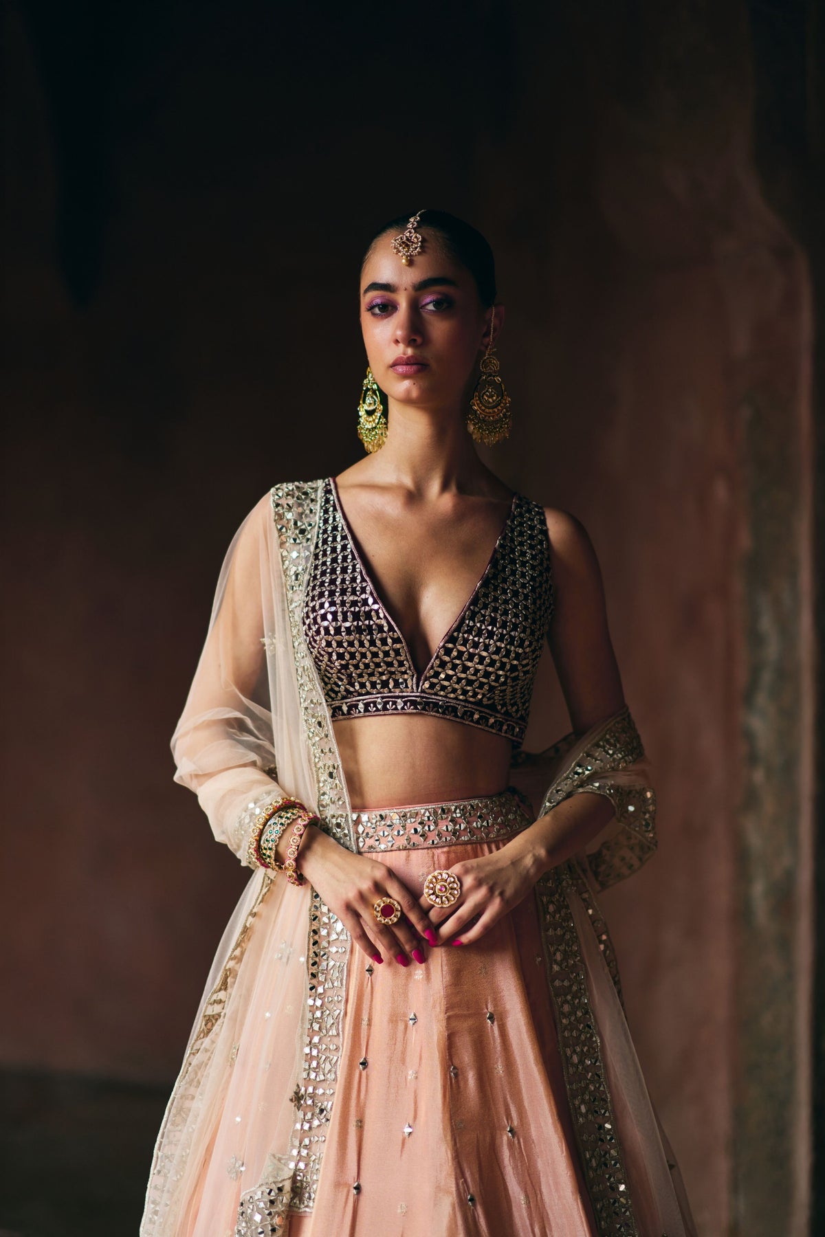 Peach and Maroon Lehenga Set
