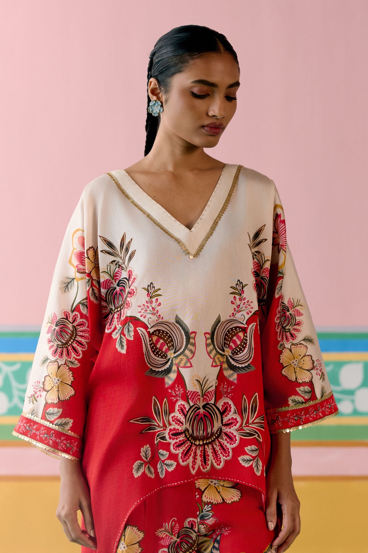 Ecru Red Floral Short Kaftan Set