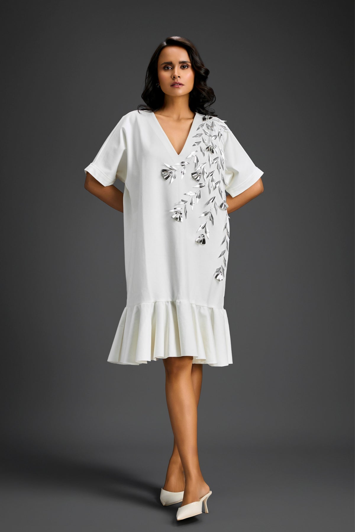 White V-neck Embroidery Dress