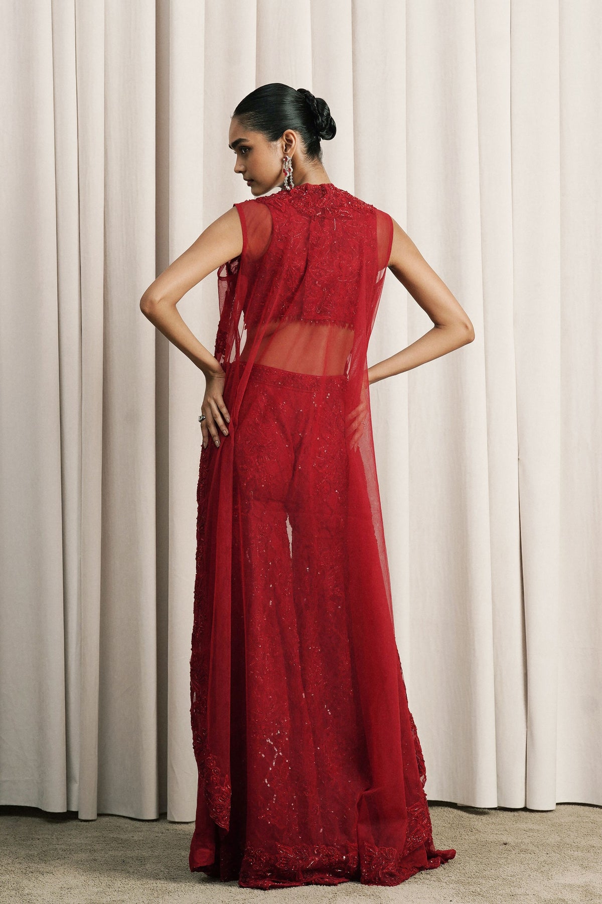 Red Tasseled Net Jacket Set