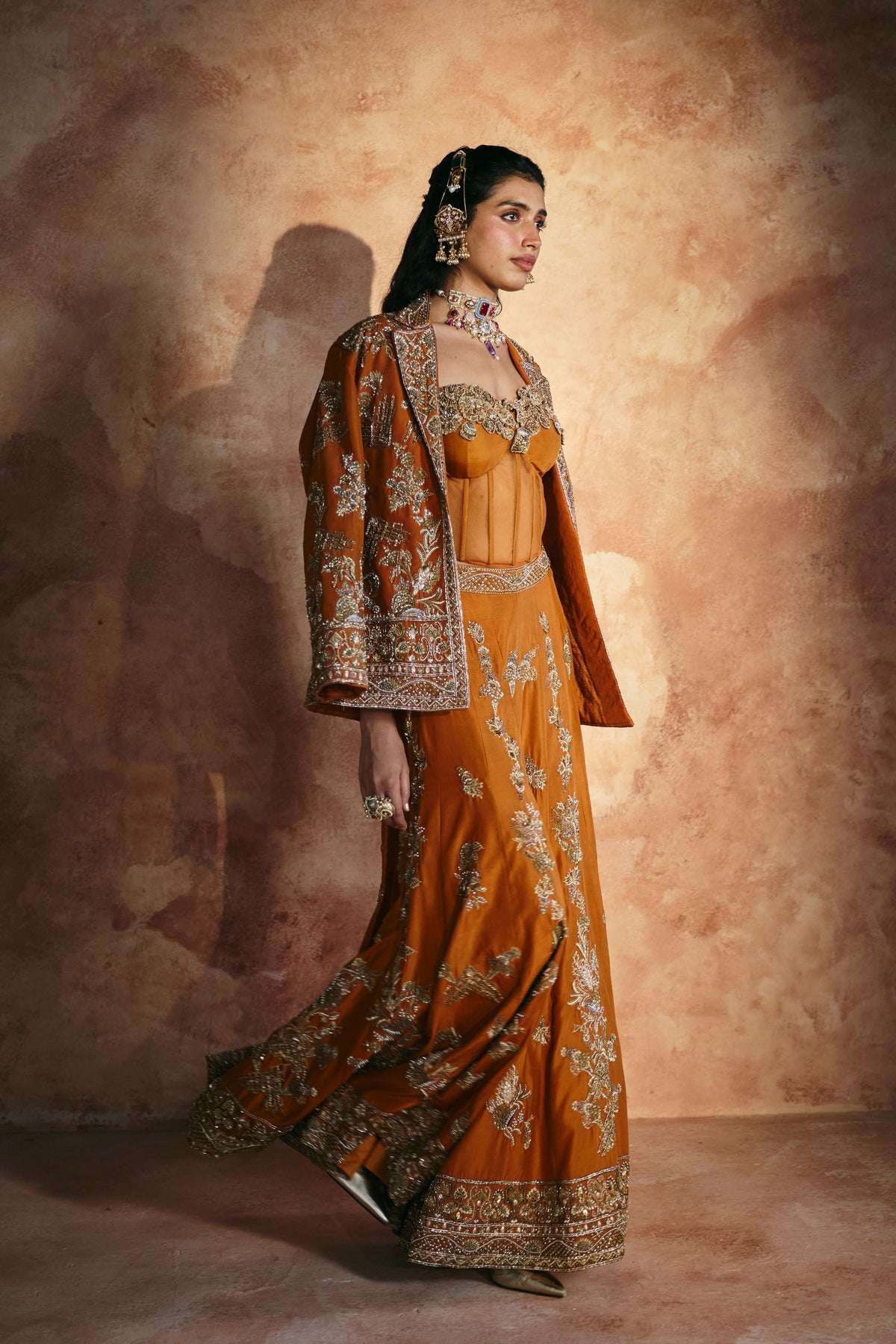 Orange Zardozi Sindh Jacket Set