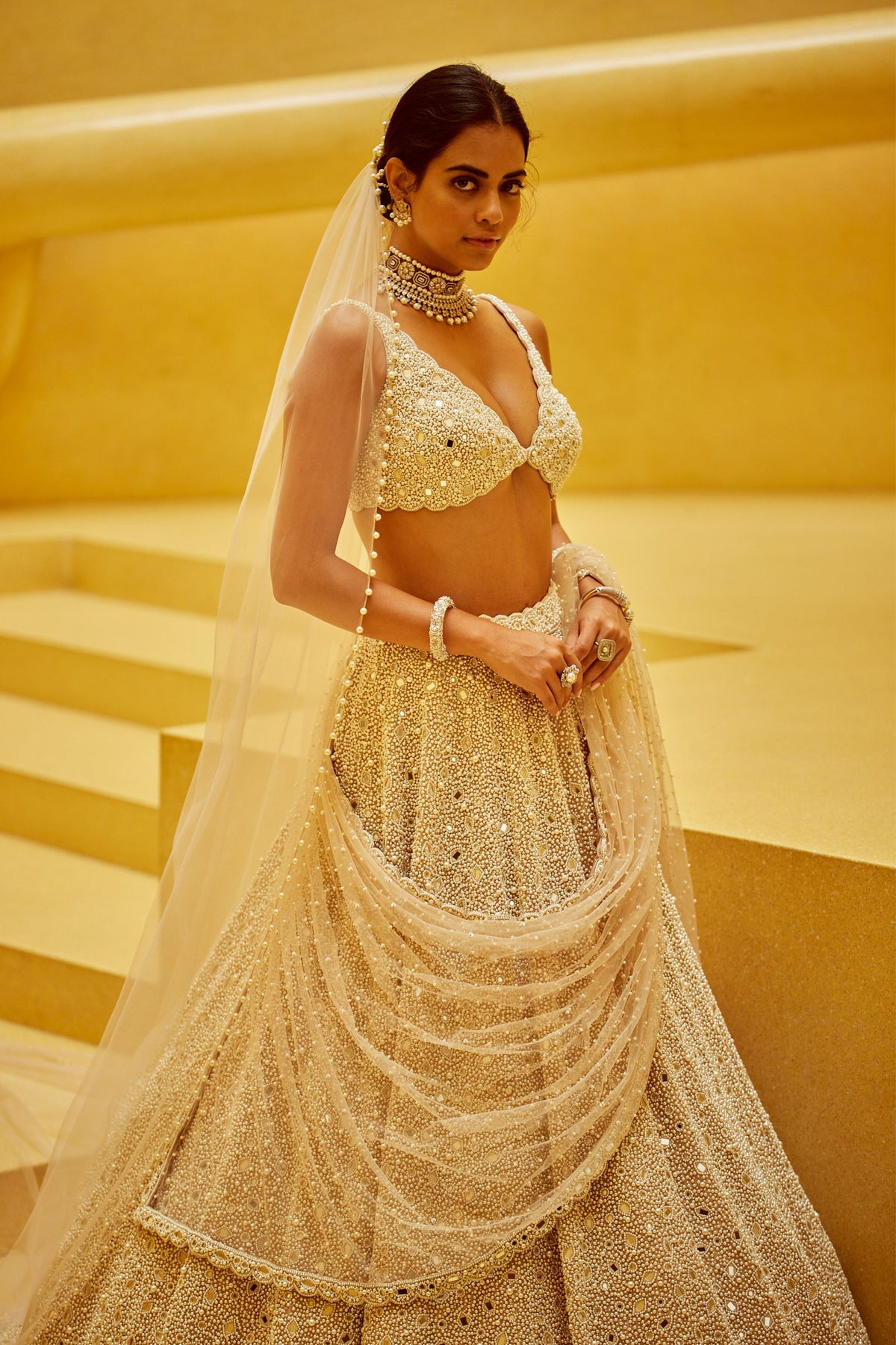 Light Beige Lehenga Set With Veil