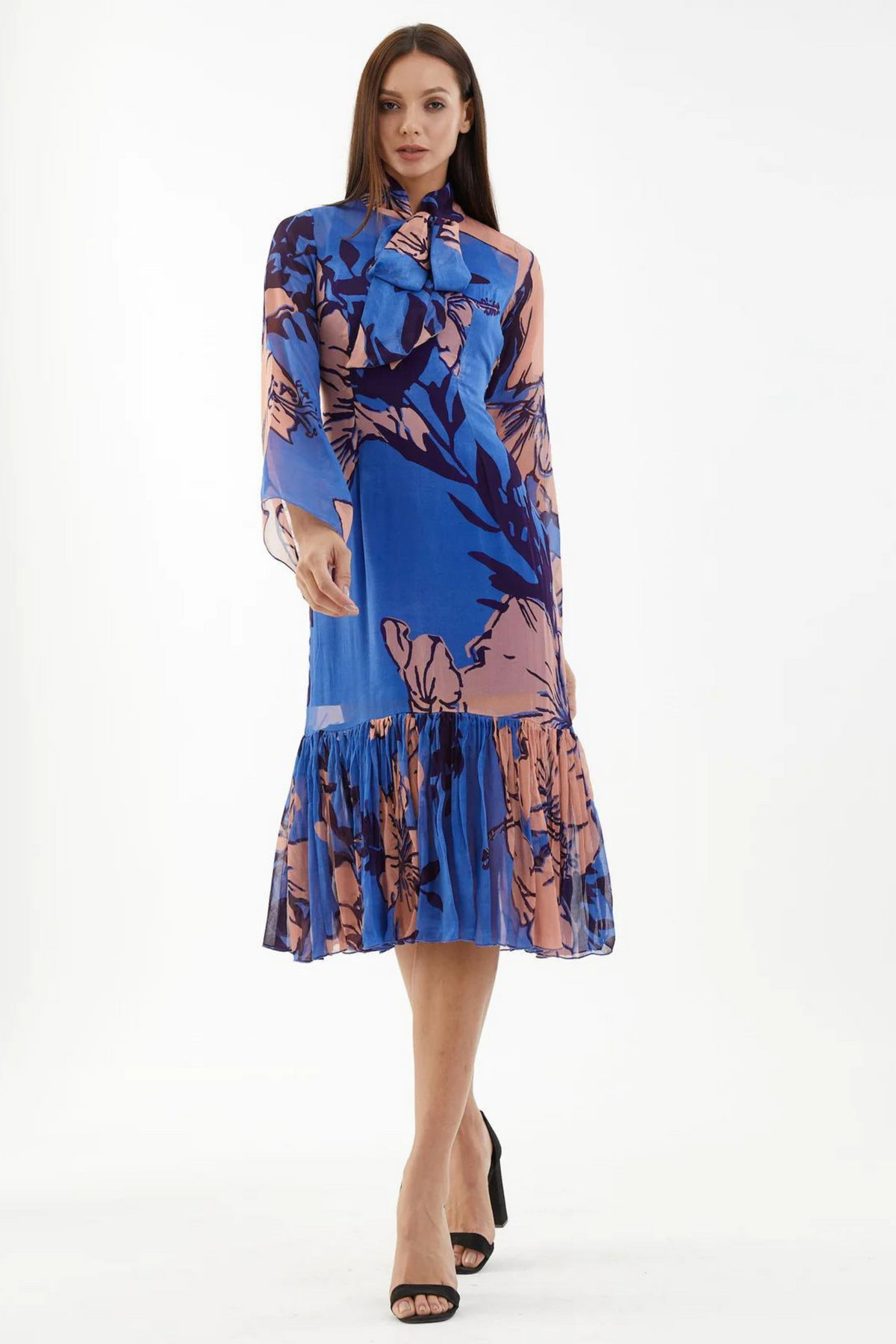 Blue And Orange Floral Midi Dress