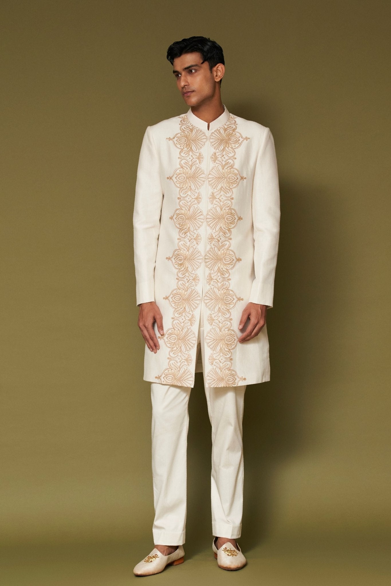Ivory Embroidered Sherwani Set - Devnaagri Menswear - Elahe