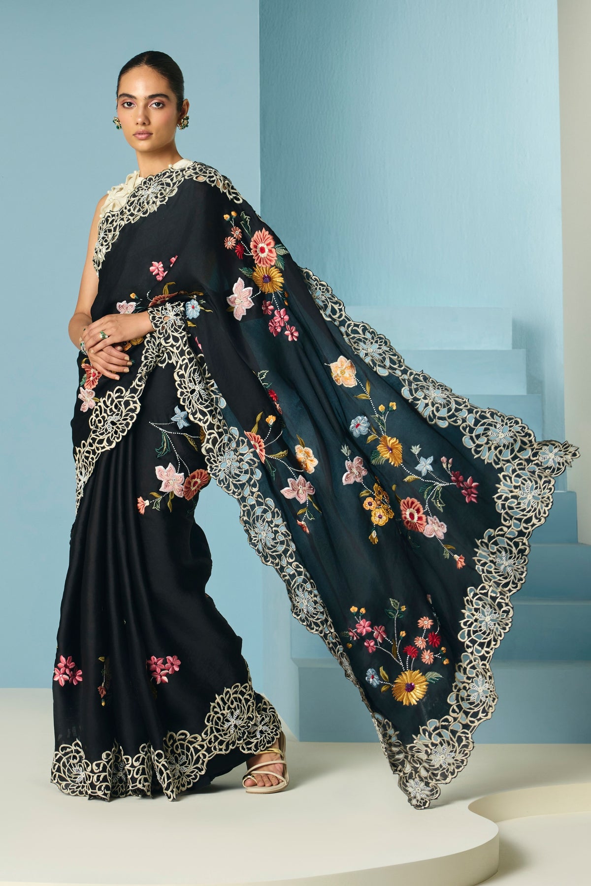 Black Floral Foliage Saree