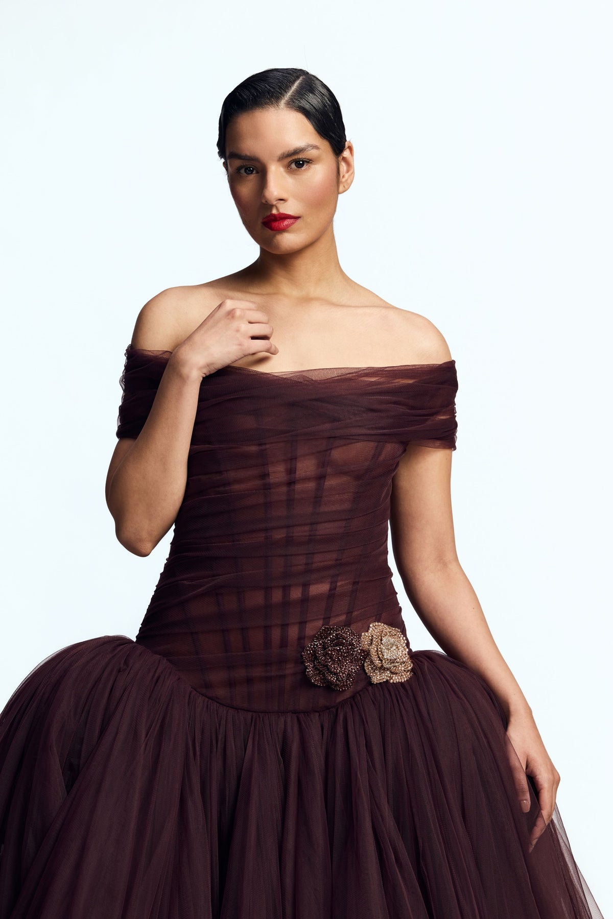 Off Shoulder Draped Tulle Gown