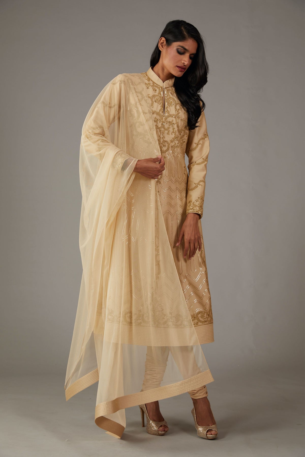 Beige Chanderi Anarkali Set