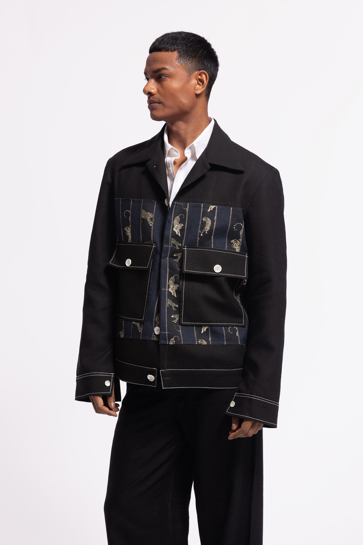 Black Printed Jacket With Pockets