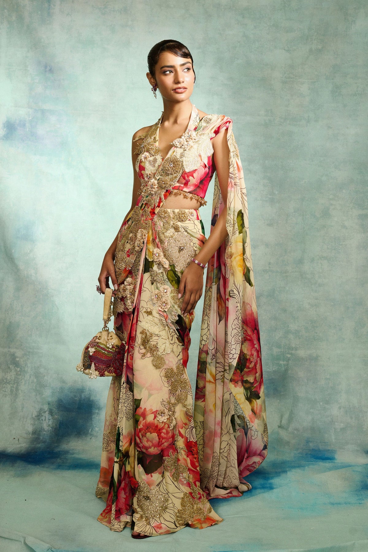Multicolored Pre Draped Saree Set