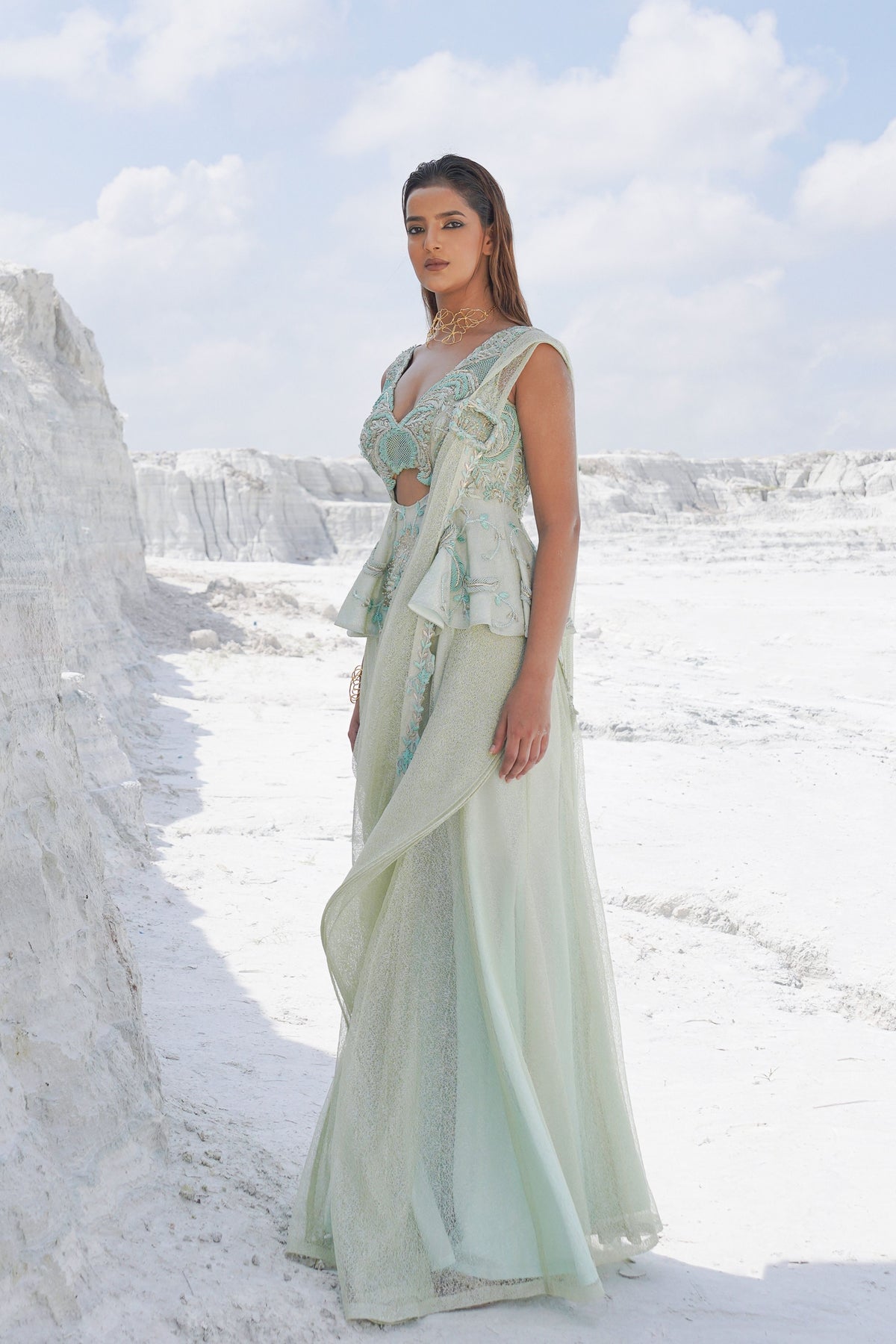 Pastel Green Draped Saree Set