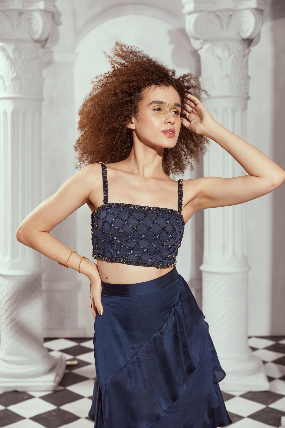 Navy Blue High Waist  Layered Skirt