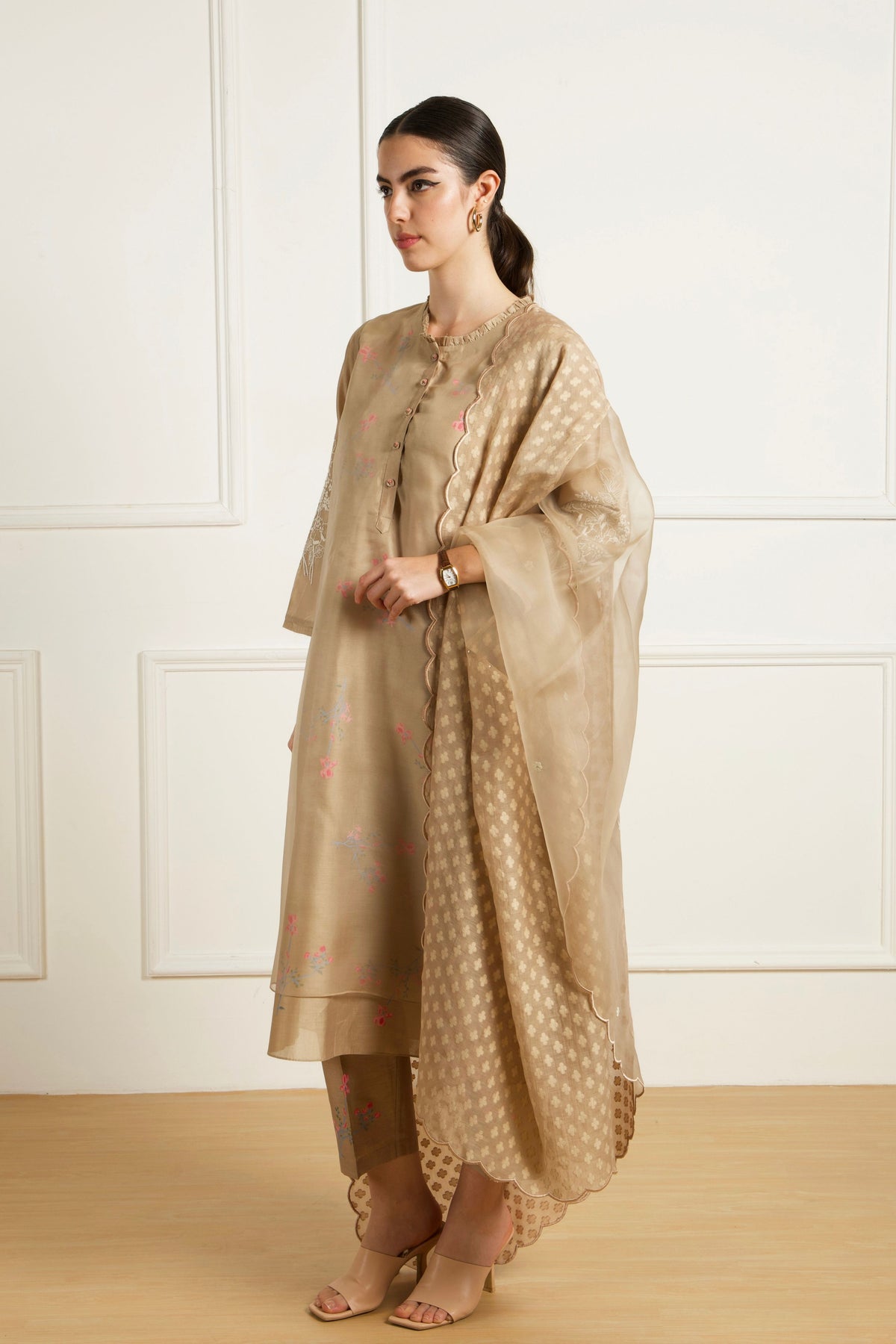 Beige Double Layer Kurta Set