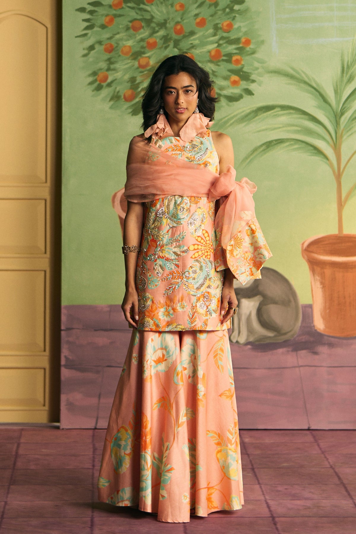 Peach Apricot Garden Sharara Set