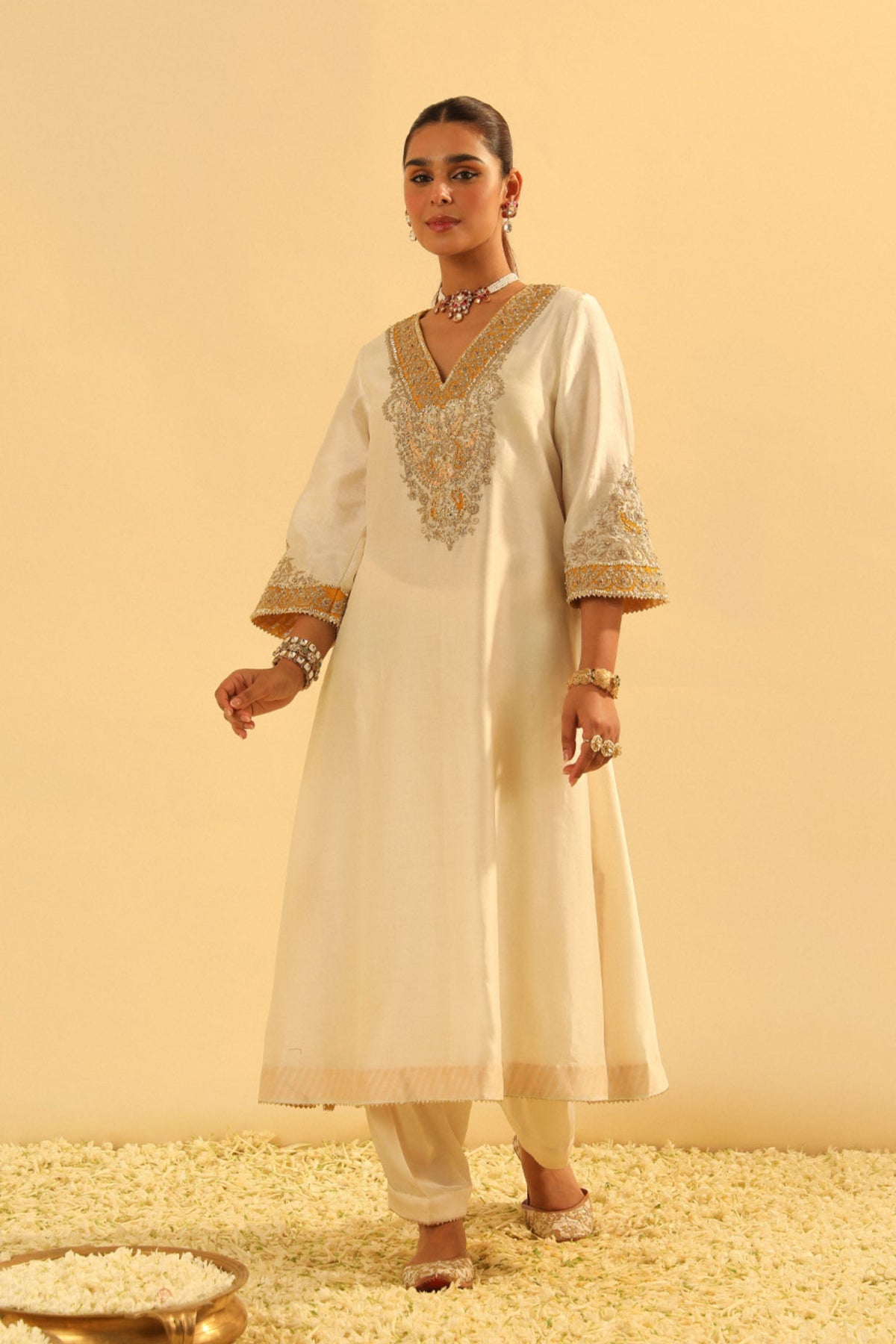 Shazana Ivory Long A-line Choga With Salwar