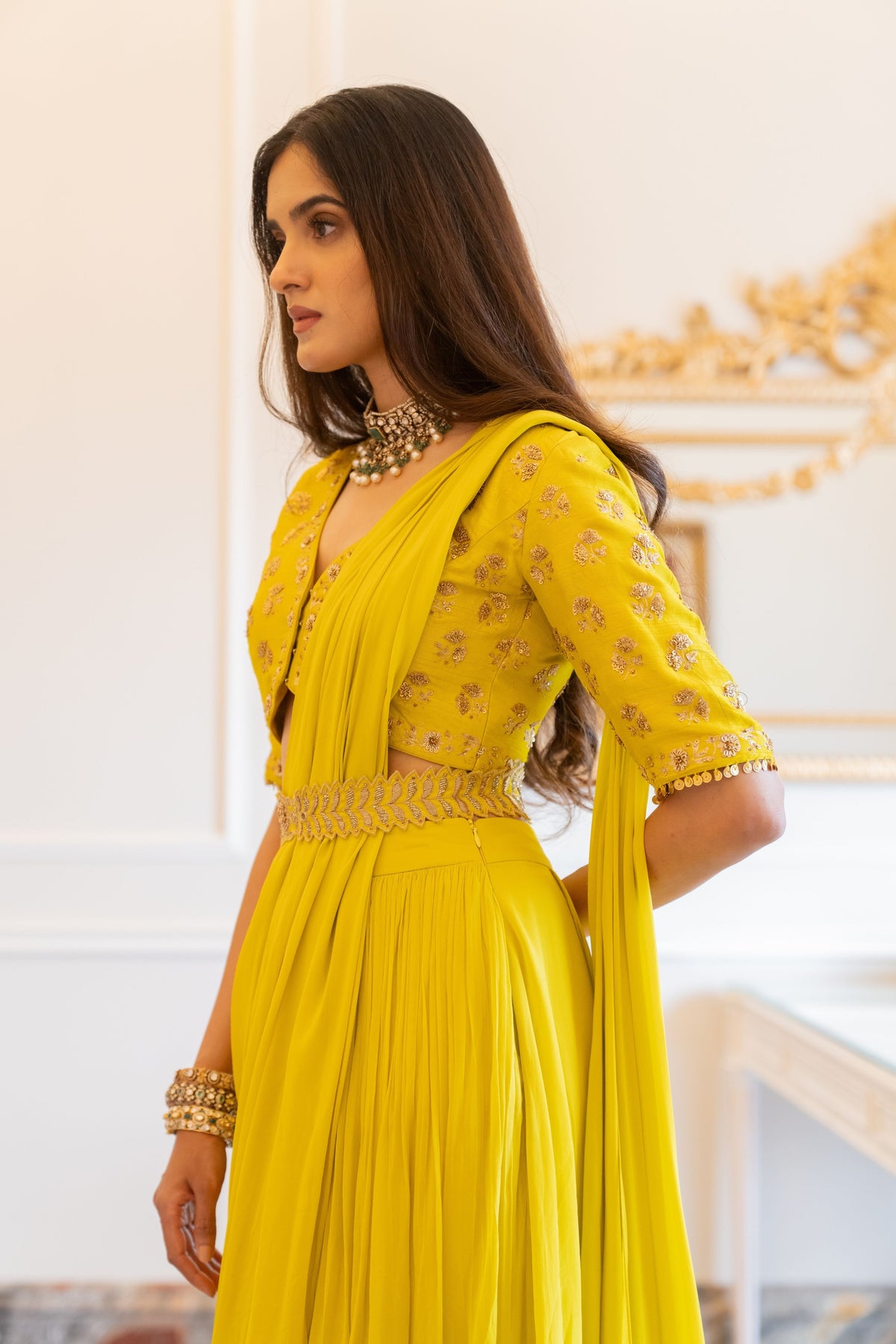 Lime Yellow Antique Embroidered Saree Set