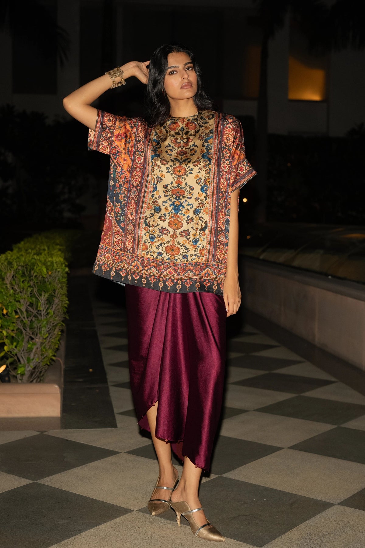 Print Top & Satin Drape Skirt