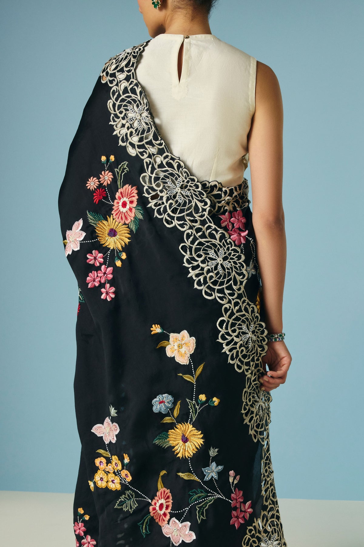 Black Floral Foliage Saree
