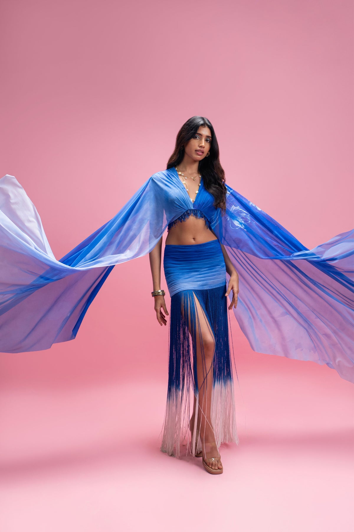 Ombré Draped Fringe Skirt Set