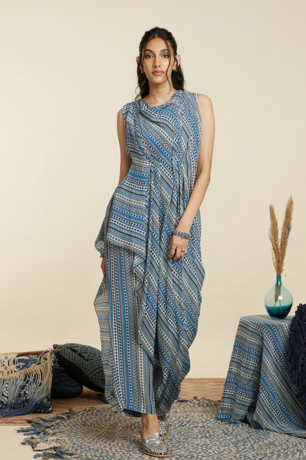 Blue Boho Stripe Print Co-ord Set