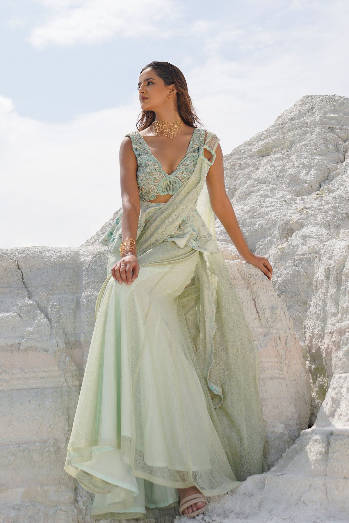 Pastel Green Draped Saree Set