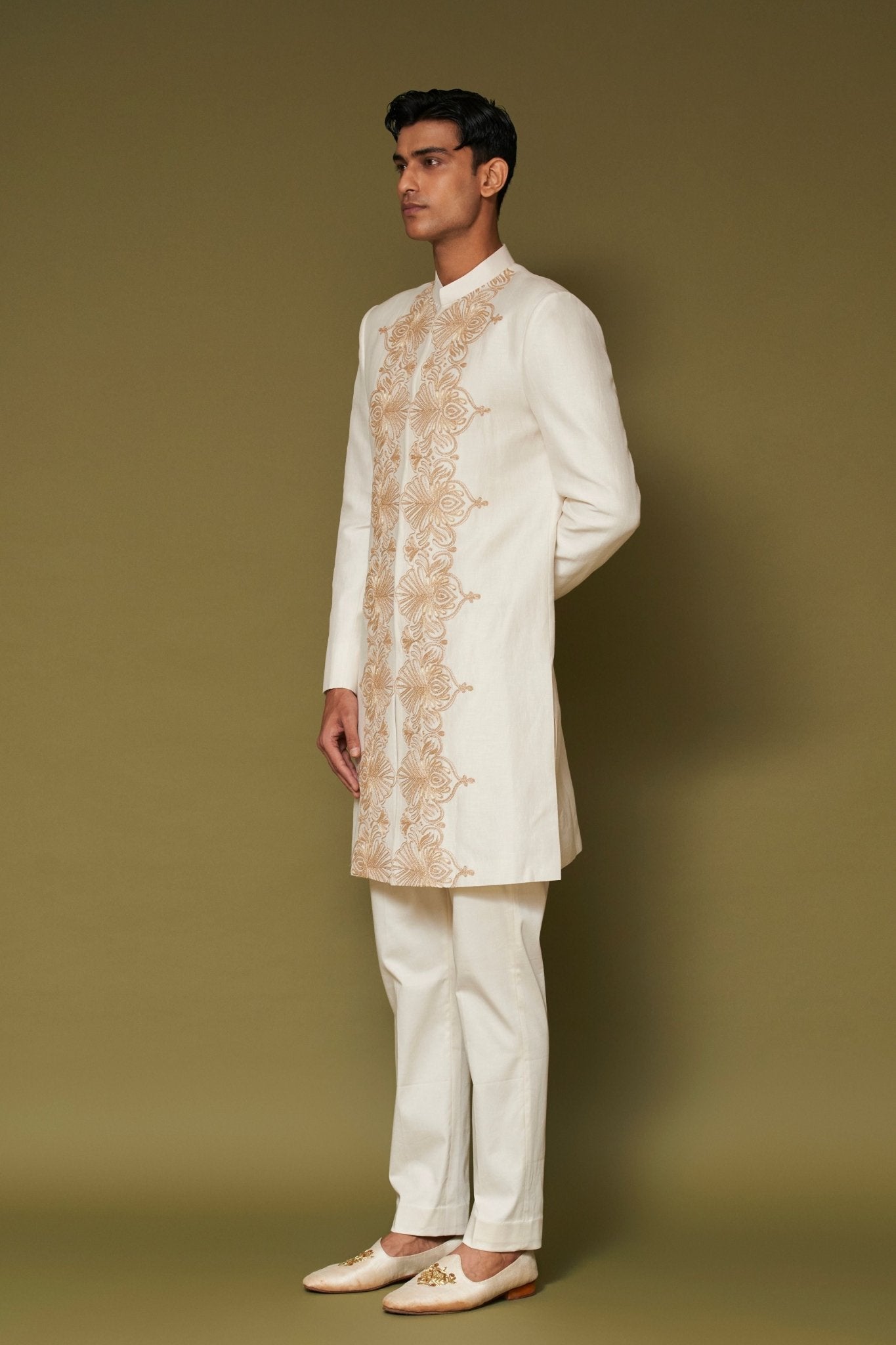 Ivory Embroidered Sherwani Set - Devnaagri Menswear - Elahe